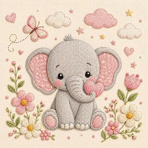 Baby Elephant Embroidery Design, Cute Elephant with Flower, Floral Nursery Embroidery File, Pastel Satin Stitch Design, dst jef pes