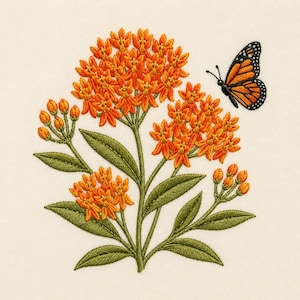 May include: An embroidery design on off-white fabric featuring a cluster of bright orange milkweed flowers with green leaves and stems. A monarch butterfly with orange, black, and white wings is positioned to the right of the floral arrangement.