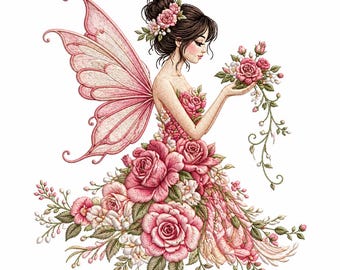 May include: A digital illustration of a fairy with pink wings and a dress made of roses. The fairy has dark hair adorned with flowers and is holding a bouquet of roses. The artwork is set against a white background.