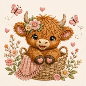 Cute Baby Highland Cow Embroidery Design, Floral Cow Embroidery File, Pink Boho Calf Stitch Pattern, Nursery Animal Embroidery, PES DST