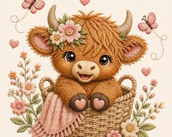 Cute Baby Highland Cow Embroidery Design, Floral Cow Embroidery File, Pink Boho Calf Stitch Pattern, Nursery Animal Embroidery, PES DST