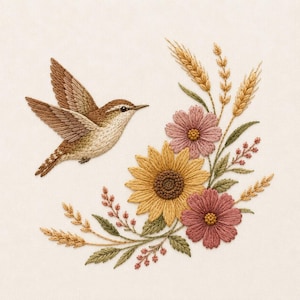 Op de afbeelding: Een borduurontwerp op gebroken witte stof met een bruine kolibrie in vlucht naast een bloemstuk. Het boeket bevat een gele zonnebloem, twee roze cosmosbloemen, groene bladeren en stengels van gouden tarwe en kleine besjes.