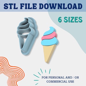 May include: An ice cream cone-shaped cookie cutter and a 3D rendering of an ice cream cone. The cutter is light blue, and the ice cream cone has a yellow cone, and blue and pink ice cream. Text reads "STL FILE DOWNLOAD" and "6 SIZES".