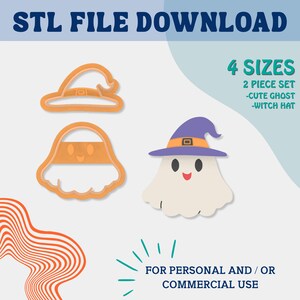 Op de afbeelding: Een afbeelding met een Halloween-thema. Het bevat een schattig spookje en een heksenhoed, samen met de tekst "STL FILE DOWNLOAD" en "4 SIZES". Het ontwerp is voor persoonlijk en commercieel gebruik.