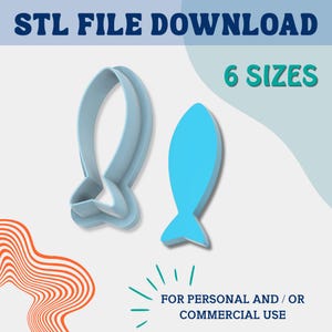 May include: Two blue fish-shaped 3D models. One is a solid shape, and the other is an outline. The text "STL FILE DOWNLOAD" is at the top, and "6 SIZES" is in the center. The text "FOR PERSONAL AND / OR COMMERCIAL USE" is at the bottom.