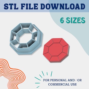 May include: A light blue plastic cookie cutter and a red cookie. The cookie cutter is in the shape of a geometric gem. The text "STL FILE DOWNLOAD" and "6 SIZES" are displayed at the top. The text "FOR PERSONAL AND / OR COMMERCIAL USE" is at the bottom.