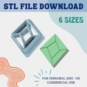 Puede incluir: Dos formas geométricas, una azul claro y otra verde, se muestran sobre un fondo blanco y azul claro. La forma azul claro es una forma 3D similar a un diamante. La forma verde es un diamante plano. El texto dice "STL FILE DOWNLOAD" y "6 SIZES".