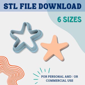 Puede incluir: Un cortador de galletas en forma de estrella azul claro junto a una estrella color melocotón. La imagen incluye el texto "STL FILE DOWNLOAD", "6 SIZES" y "FOR PERSONAL AND / OR COMMERCIAL USE".