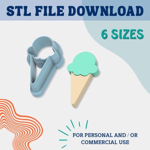Könnte beinhalten: Ein Eistüten-Ausstecher und eine 3D-Darstellung einer Eistüte. Der Ausstecher ist hellblau, und die Tüte ist beige mit einer mintgrünen Kugel. Der Text lautet "STL FILE DOWNLOAD" und "6 SIZES".