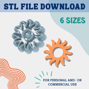 Puede incluir: Imagen de dos cortadores de galletas impresos en 3D. Uno es un diseño floral azul claro y el otro tiene forma de sol naranja. El texto en la parte superior dice "STL FILE DOWNLOAD" y "6 SIZES". El texto inferior dice "FOR PERSONAL AND / OR COMMERCIAL USE".