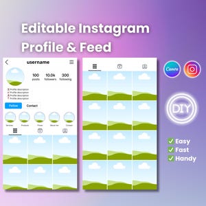 May include: A digital mockup of an Instagram profile and feed layout, with the text "Editable Instagram Profile & Feed." The design includes a profile section, a feed grid, and icons for Canva, Instagram, and DIY. The background is a gradient of purple and white.