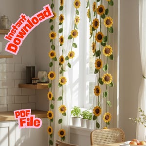 May include: Crocheted sunflower garland hanging in front of a window. The garland features yellow sunflowers with brown centers and green leaves. The words "Instant Download" and "PDF File" are visible.