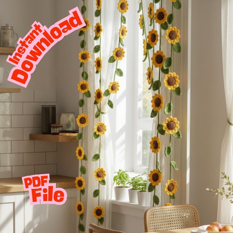 May include: Crocheted sunflower garland hanging in front of a window. The garland features yellow sunflowers with brown centers and green leaves. The words "Instant Download" and "PDF File" are visible.