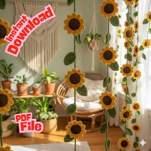 May include: Crocheted sunflower garland with yellow petals and brown centers, strung with green leaves. The words "Instant Download" and "PDF File" are visible. The garland is displayed in a room with plants and a woven chair.