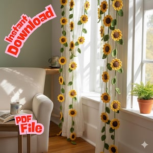 May include: Crocheted sunflower curtain with yellow petals and brown centers, strung on green vines with leaves. The curtain hangs in front of a window. Text on the image says "Instant Download" and "PDF File".
