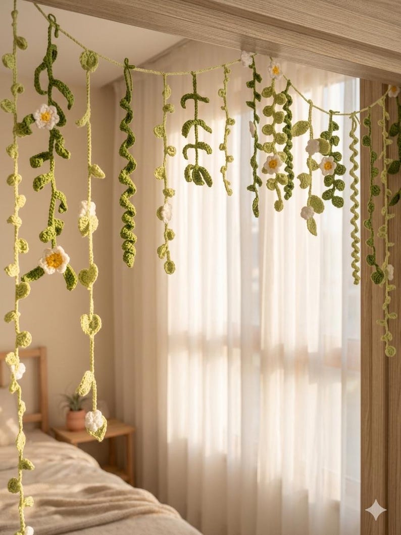 May include: Crocheted green and white floral garland hanging from a wooden frame. The garland features various leaf and flower designs, creating a decorative, nature-inspired aesthetic. The soft green and white colors add a touch of whimsy to the room.