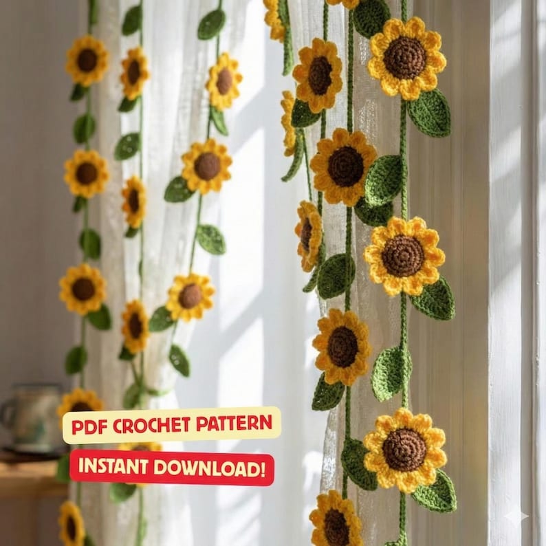 May include: Crocheted sunflower garland with yellow petals and brown centers, strung on green vines with green leaves. The image includes text that reads "PDF Crochet Pattern" and "Instant Download!"