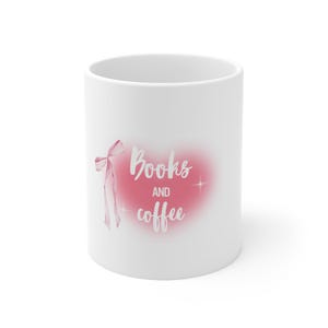 Books and Coffee ribbon Ceramic Mug | Cute Gift for Readers, Book Lovers, Cozy Vibes, Personalized Coffee Cup, IT Girl, Cutesy,