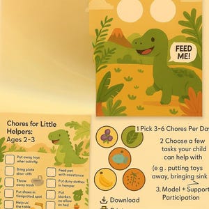 Peut inclure: Un tableau de tâches et un système de récompenses pour tout-petits avec une illustration de dinosaure vert. Le tableau comprend des espaces pour les tâches et les récompenses, avec le texte "Feed Me!" dans une bulle.