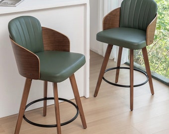 Set of 2 Green Swivel 26" Counter Stool, Wooden Bar Stool