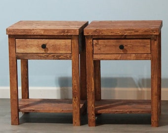 Set of 2 Rustic Nightstands With Drawer & Shelf / Farmhouse-Style Bedside Tables Set / Country Style Nightstands