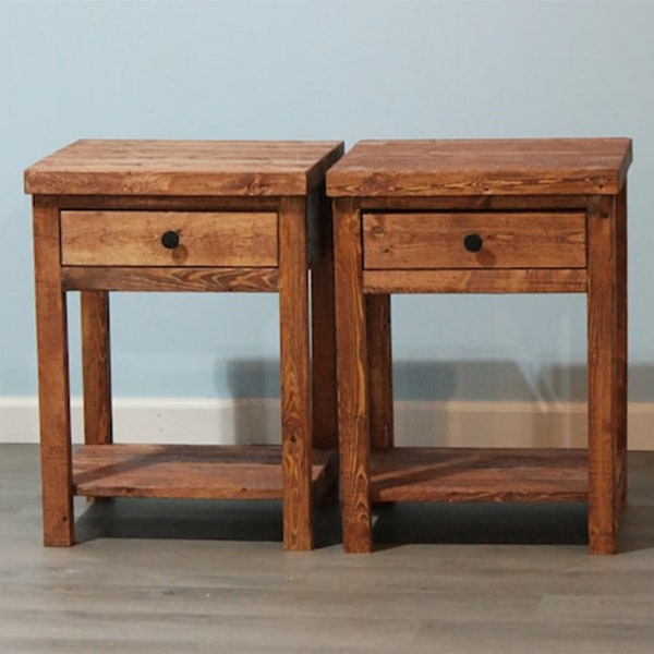 Set of 2 Rustic Nightstands With Drawer & Shelf / Farmhouse-Style Bedside Tables Set / Country Style Nightstands