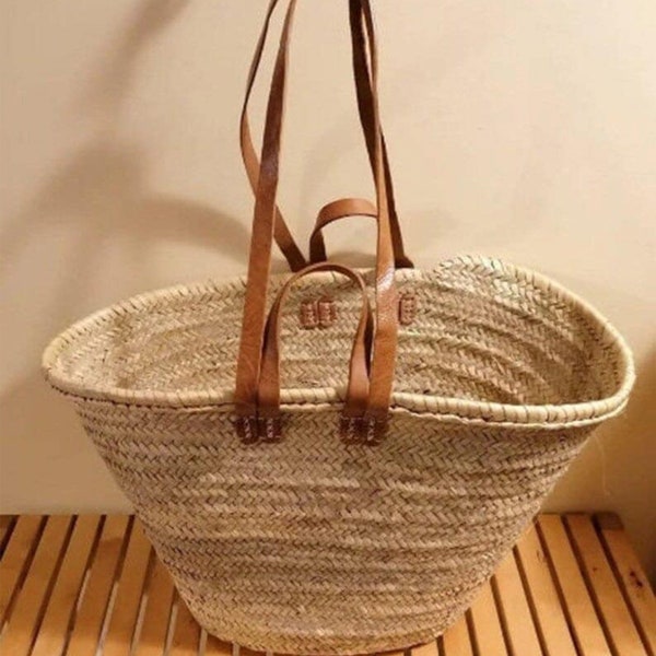 60% Off STRAW BAG Handmade with leather, French Market Basket, french market bag, Straw basket, french basket, grocery market bag
