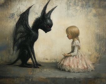 The Girl and Her Dark Companion Surreal Vintage Doll Art Print Dark Fantasy Artwork Creepy Doll and Demon Illustration Eerie Gothic Wall Art