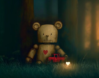 The Lonely Teddy with Heart Digital Art Print Vintage Forest Decor Whimsical Wall Art for Kids Room or Nursery RED TRUCK