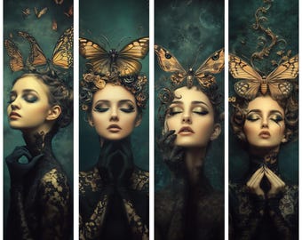 Mystical Butterfly Digital Art Bookmark Set of Four | Gothic Dark Fantasy Art Prints | Instant Download Wall Art