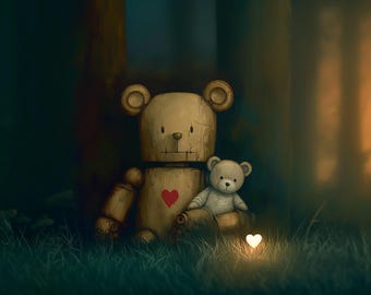 The Lonely Teddy with Heart Digital Art Print Vintage Forest Decor Whimsical Wall Art for Kids Room or Nursery TEDDY BEAR