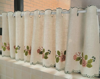 Floral Embroidered Cafe Curtain, Rustic Kitchen Window Drapes, Farmhouse Valance Curtain