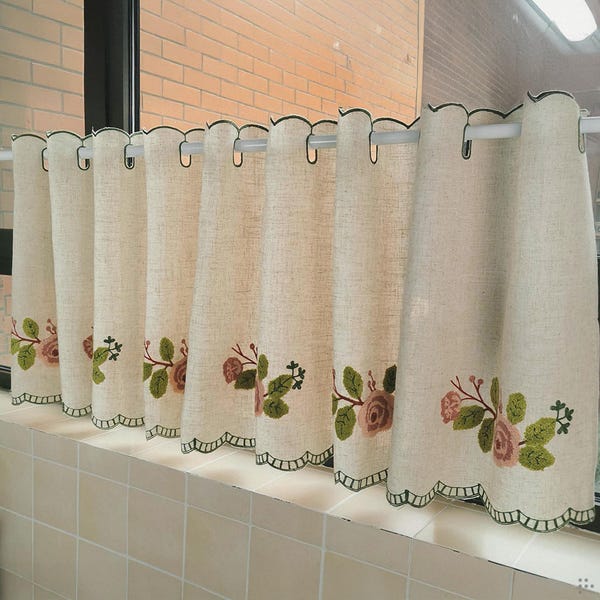 Floral Embroidered Cafe Curtain, Rustic Kitchen Window Drapes, Farmhouse Valance Curtain