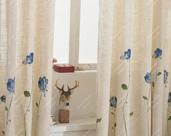Linen Embroidered Curtains,Blue Floral Semi-Blackout Drapes, Boho Window Treatment