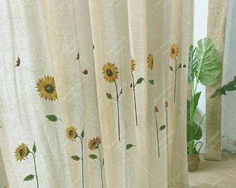 Linen Semi Blackout Curtain, Sunflower Embroidered Drape For Bedroom, Balcony Bay Window Panel