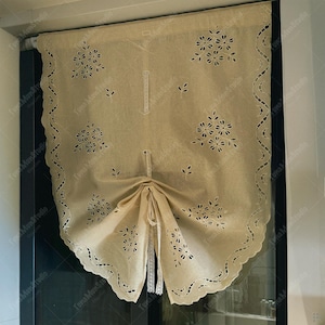 Vintage Floral Linen Balloon Shade Curtain, Scalloped Tie Up Window Valance