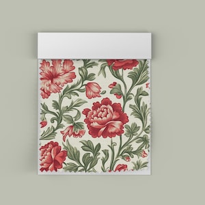 Red Peony Floral Fabric, French Vintage Botanical Cotton Linen, Green Leaf Pattern Curtain and Upholstery Material