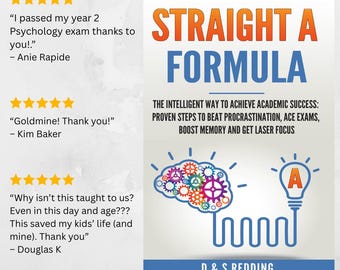 May include: A book cover with the title "STRAIGHT A FORMULA" in orange letters. The cover includes text about achieving academic success, a brain graphic with gears, and a lightbulb with an "A". Reviews and author names are also displayed.
