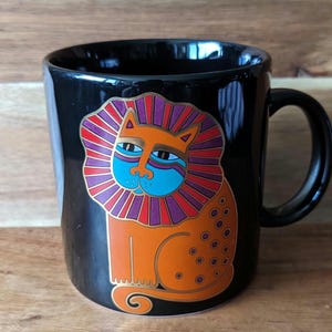 Laurel Burch Harlequin Cat Mug – Egyptian Pharoah Style Cat Art – Made in Japan – Black Coffee Cup – Minor Chip