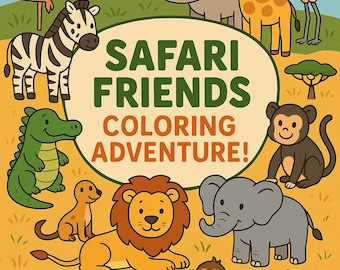 May include: A vibrant illustration of safari animals such as a zebra, giraffe, lion, and elephant. The text "SAFARI FRIENDS COLORING ADVENTURE!" is in an oval. The background features a light blue sky and yellow grass, creating a playful scene.