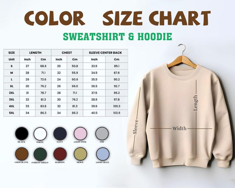 Puede incluir: Una sudadera beige cuelga de una percha de madera, con medidas de largo, ancho y tama&ntilde;o de manga. Una tabla de tallas muestra medidas en cent&iacute;metros y pulgadas, junto con opciones de color como negro, blanco, azul marino y rosa claro.