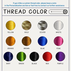 Puede incluir: Una carta de colores de hilo con el texto "THREAD COLOR" y una gama de opciones de color. La carta muestra colores de hilo amarillo, dorado, plateado, blanco, naranja, marr&oacute;n, azul, rosa, marino, verde, negro, rojo y morado.