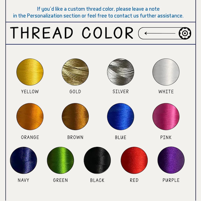 Puede incluir: Una carta de colores de hilo con el texto "THREAD COLOR" y una gama de opciones de color. La carta muestra colores de hilo amarillo, dorado, plateado, blanco, naranja, marr&oacute;n, azul, rosa, marino, verde, negro, rojo y morado.