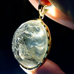 Pools of Light Hyaline Rock Quartz Gold Plated Pendant with Silver Rutile and Garden Lodolite Tuft Growth Inside - &quot;Flower of Guinevere&quot;