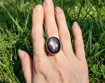 Ornate Lavender Grey 6 Ray Star Sapphire Thick Medieval Scrollwork Style Statement Ring - "Jewel of Camelot" (Size: 9)
