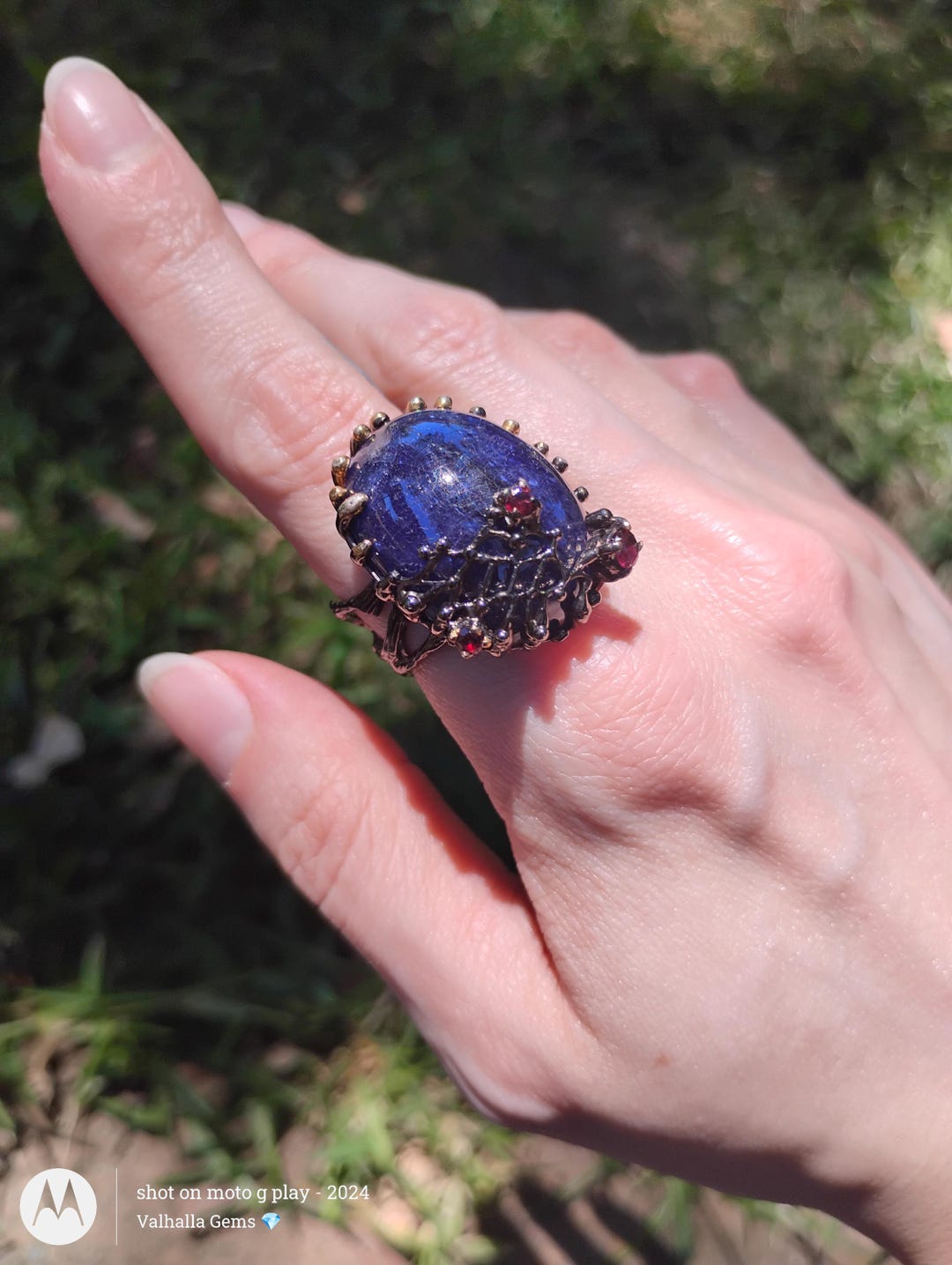 Giant Deep Sea Blue Sapphire Abstract Statement Ring With Rhodolite