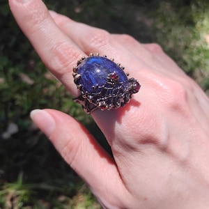 May include: A large, ornate ring featuring a deep blue, oval-shaped stone with a textured surface. The ring has a dark, intricate metalwork design with small, red accent stones. The ring is on a person's finger. The text "Valhalla Gems" is visible.