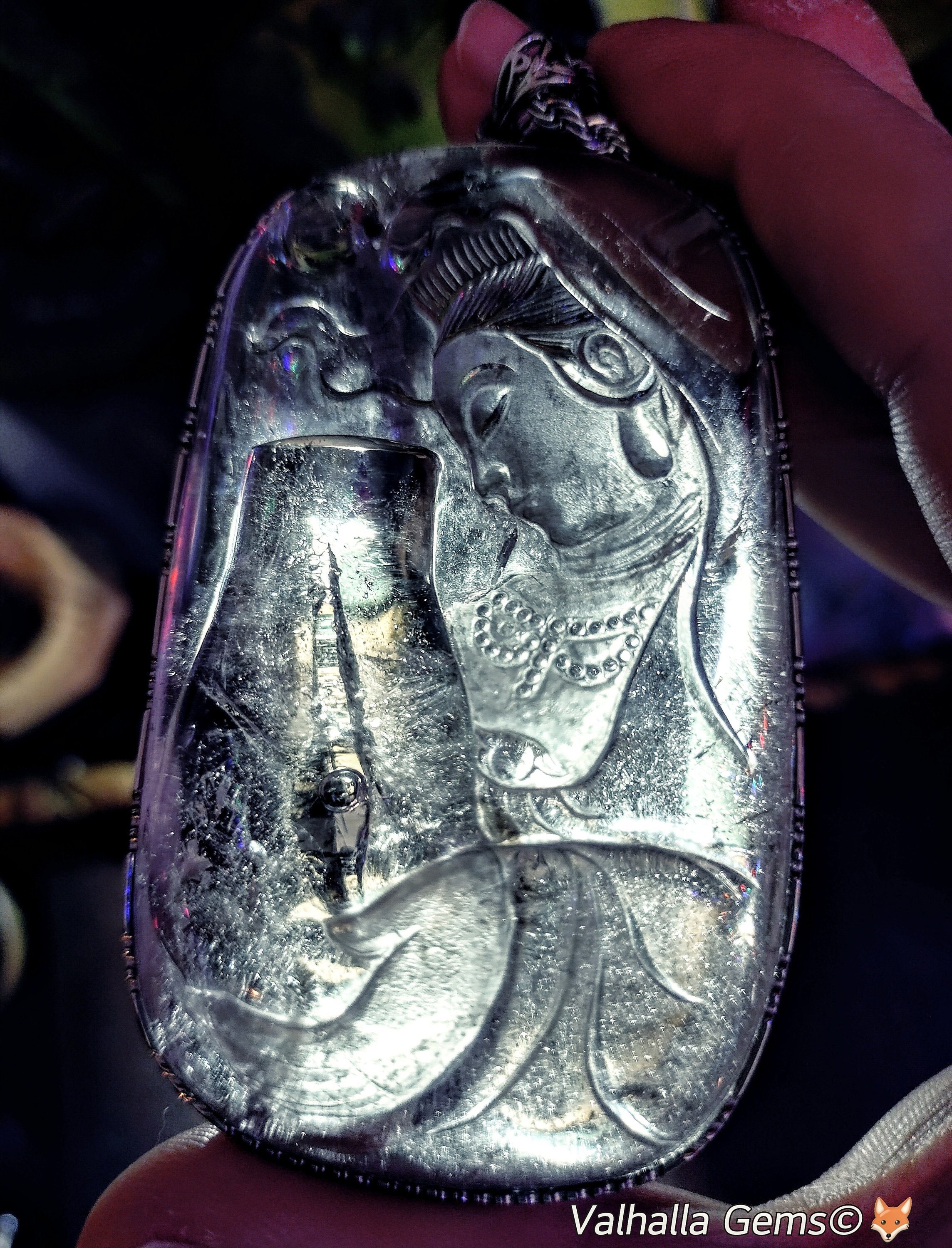 Rare A+++ High Quality Huge Ornate Enhydro Fluid Inclusion Himalayan Ice Quartz Guanyin Statement Pendant