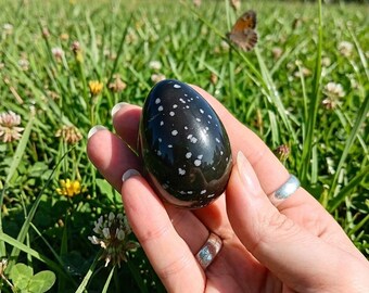 May include: A smooth, polished, egg-shaped stone with a deep black base color and scattered, small, white, star-like snowflake patterns across its surface. The object is held in a palm, showcasing its rounded form and glossy, reflective texture.