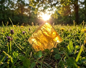 May include: A golden-yellow crystal pyramid sits in a field of green grass, clover, and wildflowers. The sun shines brightly behind the pyramid, creating a warm, glowing effect. The pyramid is the focal point of the image.